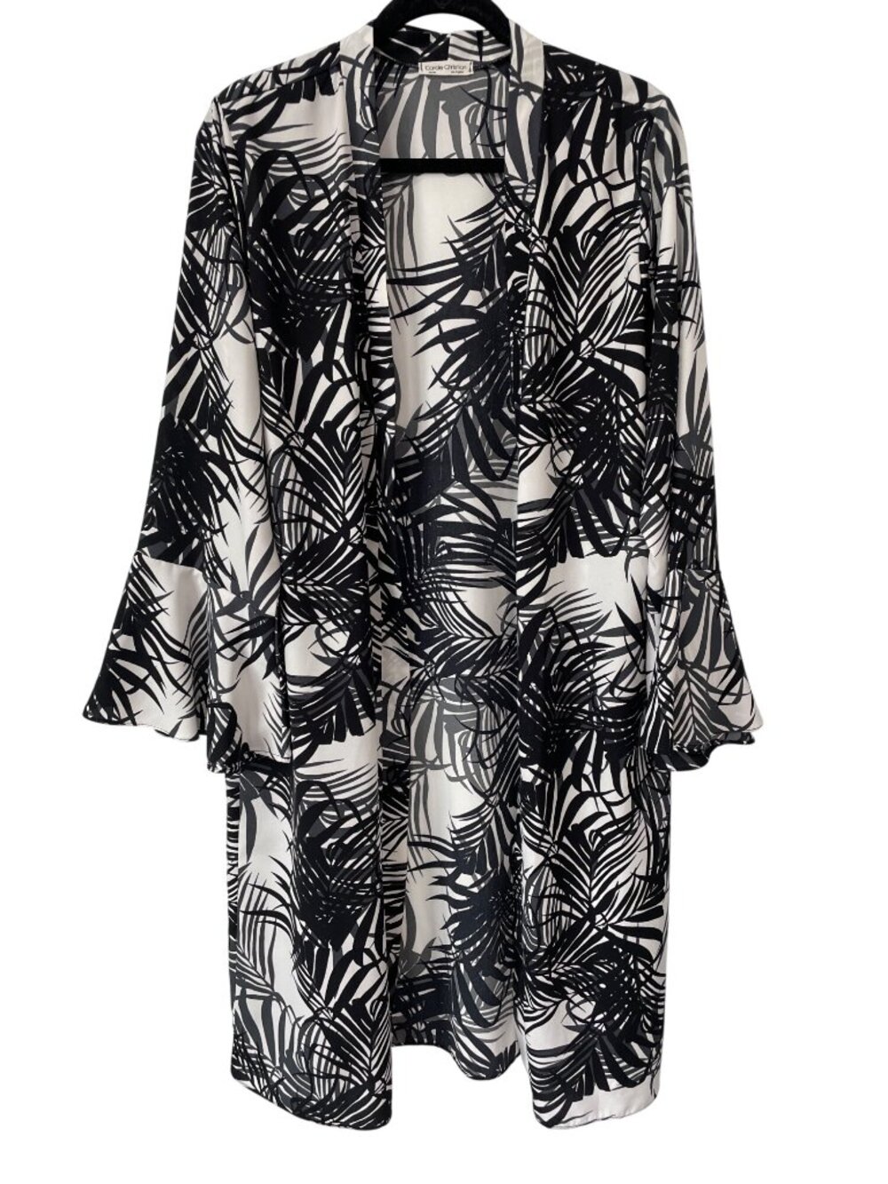 Carole Christian Kimono Small Palm Print Open Front Bell Sleeve Black White Boho